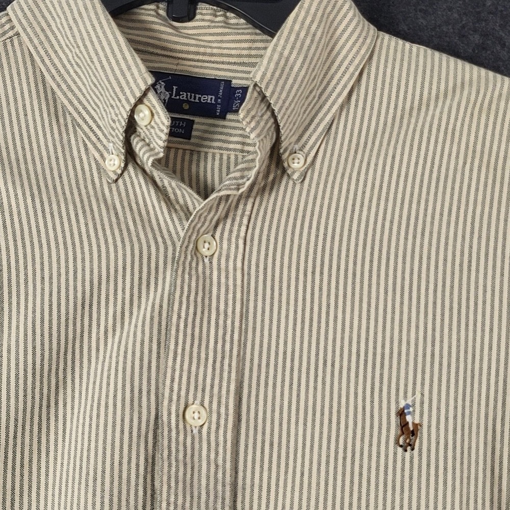 Ralph Lauren Yarmouth Mens 15.5 33 Striped Button Down Shirt Cotton Beige Blue